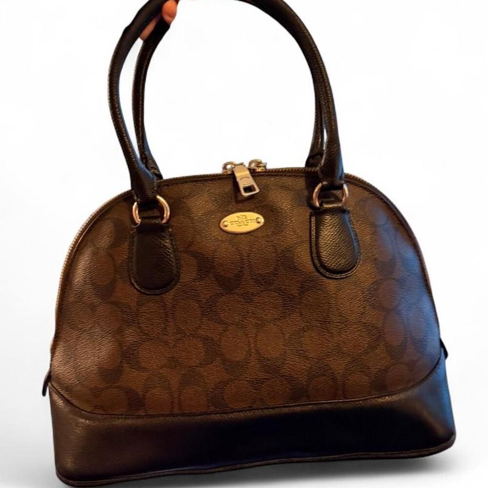 Coach Cora Domed Satchel Brown Black Signature Coated Canvas Handbag